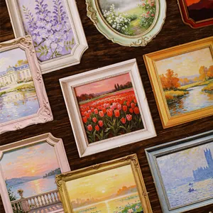 Vintage sticker pack with miniature landscape painting frame designs for DIY crafts.