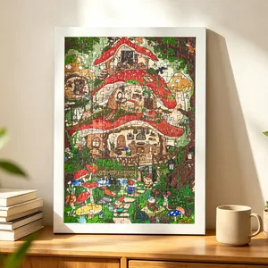 Rompecabezas serie aventura gnomos estilo dibujo animado vintage con marco blanco