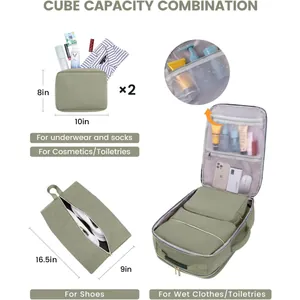 Detailed view of large travel backpack with multiple storage cubes and a separate shoe bag
