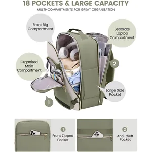 Detailed view of 18 compartments and large capacity features of the travel backpack