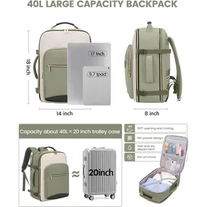 Large 40L travel backpack with 18 inch height and 180-degree opening for 17-inch laptop storage
