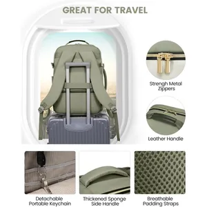 Detail view of large travel backpack features including metal zippers and padded straps