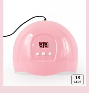 Vue détaillée d'une lampe à ongles rose 18 LED avec affichage numérique et boutons.