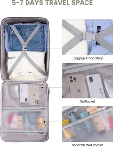 Interior view of travel backpack showing mesh pocket and wet compartment details