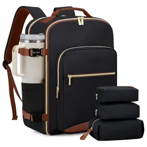 Large travel backpack set with three matching storage pouches and side cup holder
