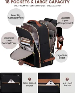 Detail view of black travel backpack showing 18 pockets and separate laptop compartment