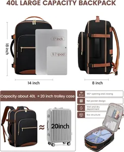 40L large capacity travel backpack showing dimensions and laptop storage capacity