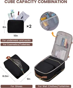 Travel packing cubes set showing dimensions and usage for shoes, clothes, and toiletries.