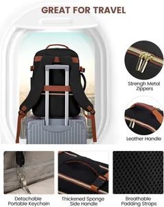 Detailed features of travel laptop backpack including metal zippers and padded straps
