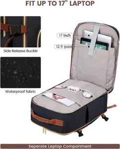 Detail of travel laptop backpack showing 17-inch compartment and waterproof fabric.