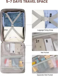 Internal storage view of large capacity travel backpack with wet pocket and straps