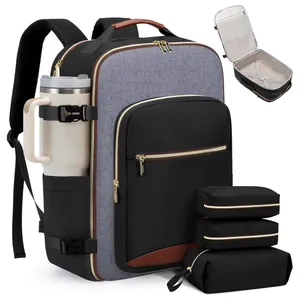 Large travel backpack set including three organizer pouches and side bottle pocket