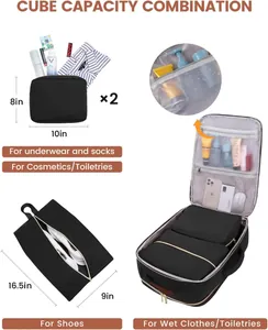 Detailed view of travel packing cubes set showing dimensions and usage scenarios