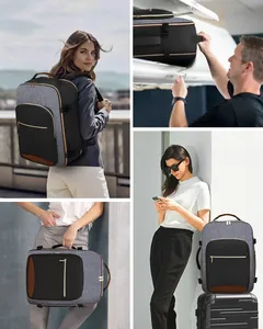 Versatile travel backpack shown in various scenarios like carrying, stowing, and on luggage.