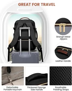 Detailed features of the large travel backpack including metal zippers and leather handles