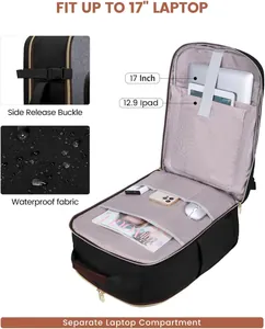 Detailed view of travel backpack with 17-inch laptop compartment and waterproof fabric