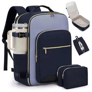 Large capacity travel backpack set with laptop compartment and extra storage pouches