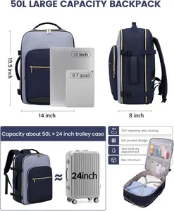 Detailed features of 50L travel backpack showing dimensions and 180 degree opening