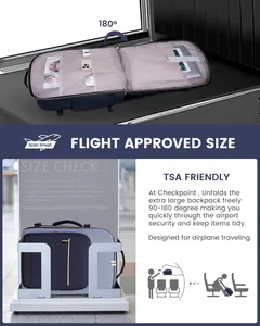 Detail of large travel backpack showing 180-degree flat opening for TSA security check.