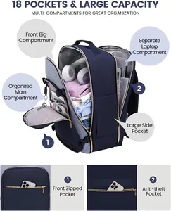 Detail view showing multi-compartment organization and large capacity of the travel backpack