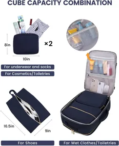 Capacity demonstration of blue travel organizer cubes and backpack with size labels
