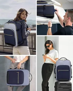 Detailed views of a large capacity travel laptop backpack in blue with gold zippers.
