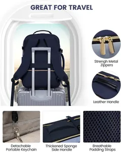 Close-up of navy blue travel backpack features including metal zippers and handles