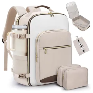 Macro view of a travel backpack set including packing cubes and shoe bag accessory pouches
