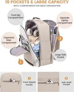Detailed view of large capacity travel backpack with 18 pockets and organized storage compartments