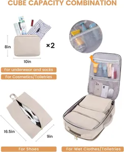 Set of travel storage cubes showing dimensions and various packing capacities for clothes