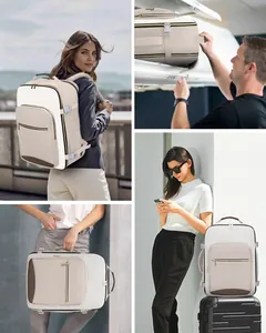 Cream travel backpack with laptop compartment shown on luggage and in flight bin