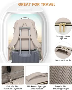 Detailed views of travel backpack features including metal zippers and suitcase sleeve