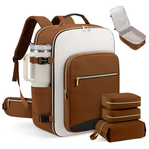 Large capacity travel backpack set with three brown organizers on white background