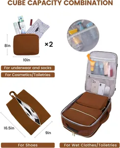 Detailed view of large capacity travel backpack storage set showing cubes and shoe bag size