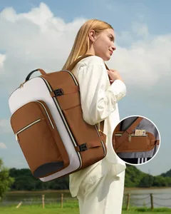 Detailed view of large capacity travel backpack with convenient shoulder strap pocket
