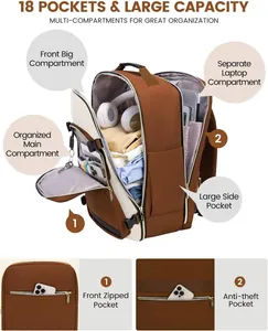 Detail view of large travel backpack with 18 pockets and separate laptop compartment