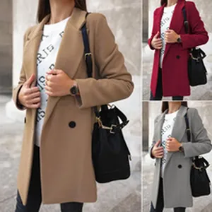 Detail view of casual mid-length wool coats in camel, burgundy, and grey colors.