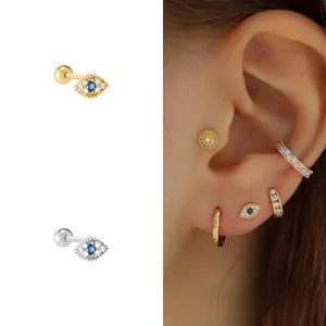 Copper Evil Eye Stud Earring Gold Silver Plated Rhinestone Cartilage Piercing Jewelry Minimalist Devil Eye Stud Earring For Women Men