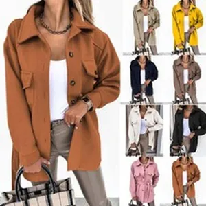 Casual women's button-down long sleeve jacket shown in various trendy colors for autumn