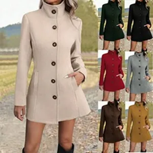 Detailed macro view of women's stand collar wool coat in multiple color variants