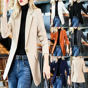 Collage showing stylish women's blazers in various colors like beige, orange, and navy.