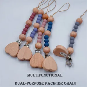 Handmade beech wood heart pacifier clip with colorful silicone beads anti-drop chain