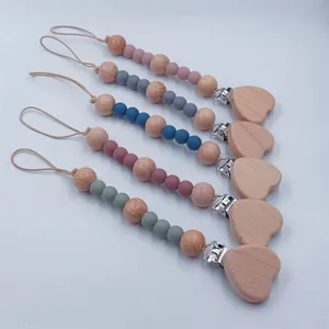 Durable silicone bead pacifier chain with heart beech wood clip for baby soothing 5-pack