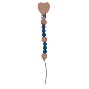 Handmade heart-shaped beechwood and navy blue silicone bead baby pacifier clip chain