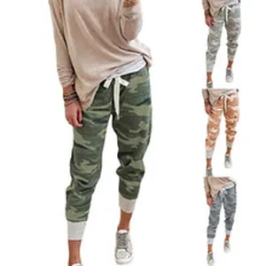 Camouflage print joggers with drawstring waist and ribbed cuffs in multiple color options.