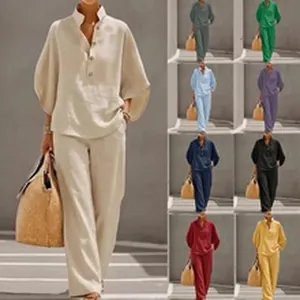 Casual linen-style long sleeve shirt and wide leg pants set in multiple colors.