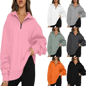 Detail view of women's casual half-zip pullover sweatshirt in various color options