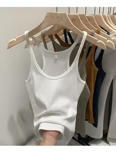Macro detail of white slim fit ribbed knit tank top showing fabric texture and color options