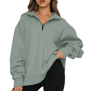 Casual sage green half-zip pullover sweatshirt for women with long sleeves
