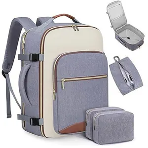 Multifunctional travel backpack set with matching packing cubes in gray and cream colors